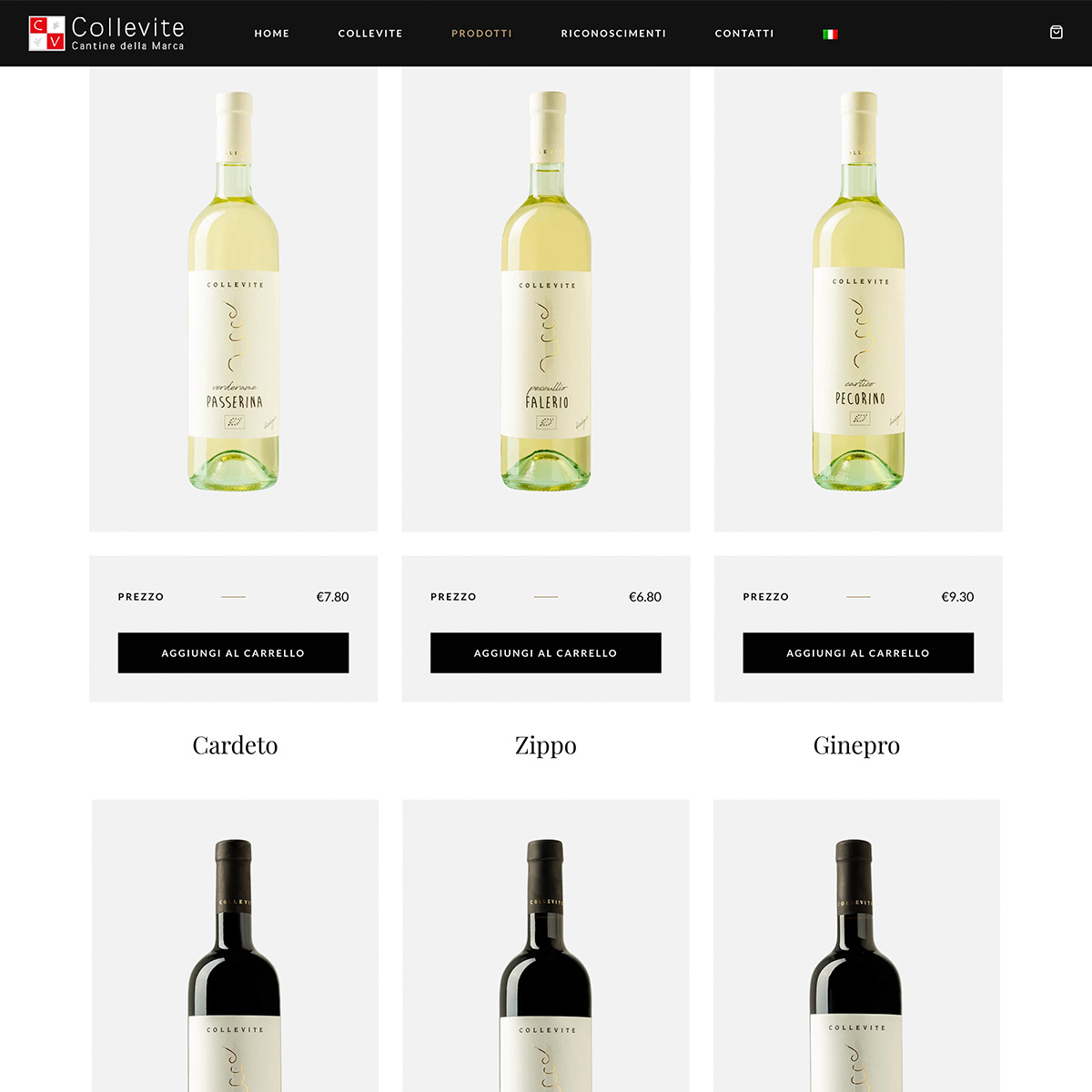 Screenshot del sito ecommerce di vini realizzato per Cantina Collevite